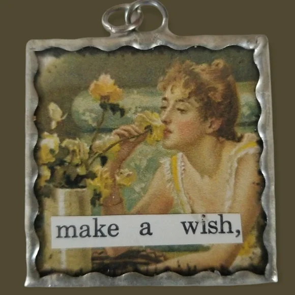 Hand Crafted Soldered Glass Charm Vintage Papers "Make A Wish" - Picture 2 of 6
